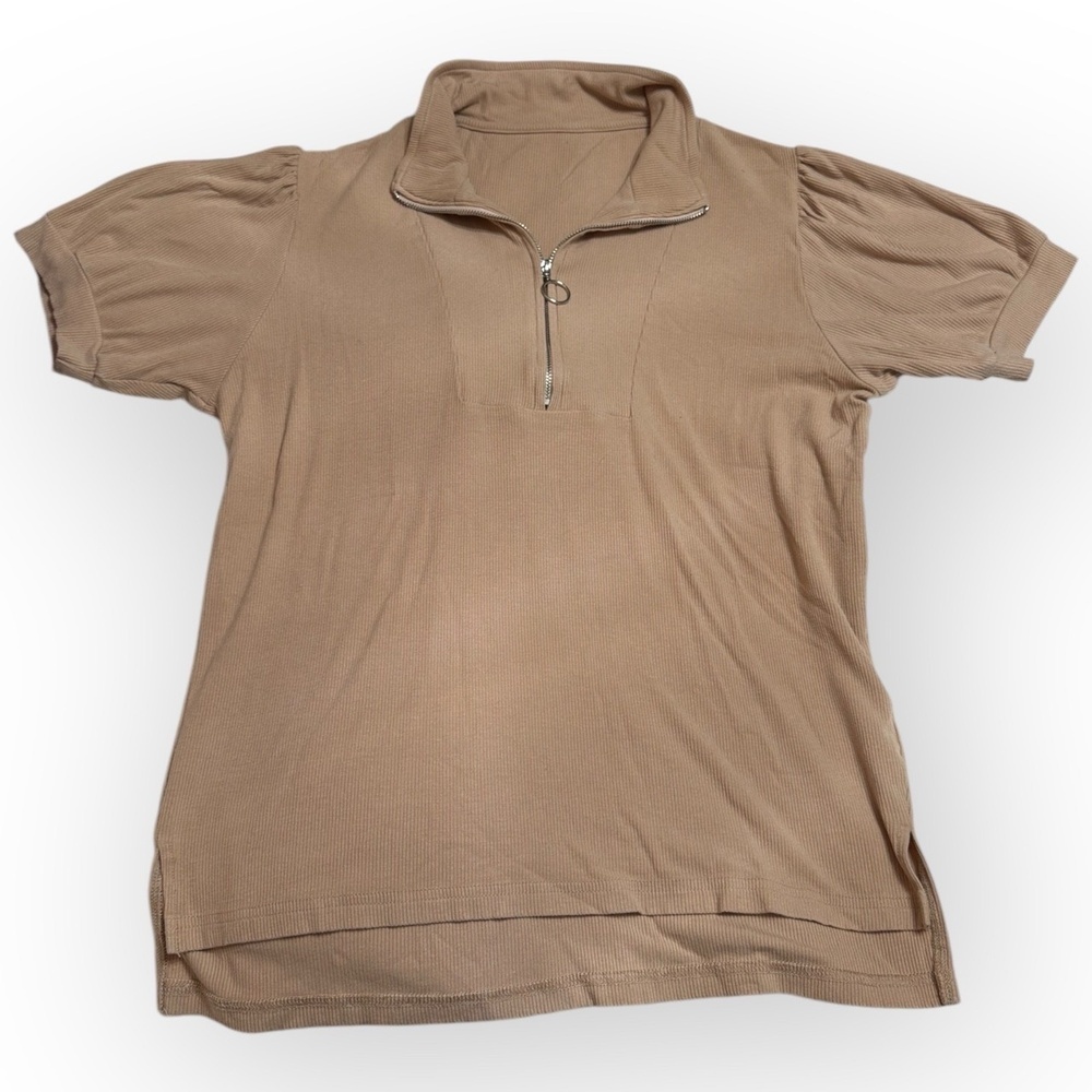 EUC Women’s Ribbed Half-Zip Short Sleeve Top - Khaki - Size Small‎ 200S